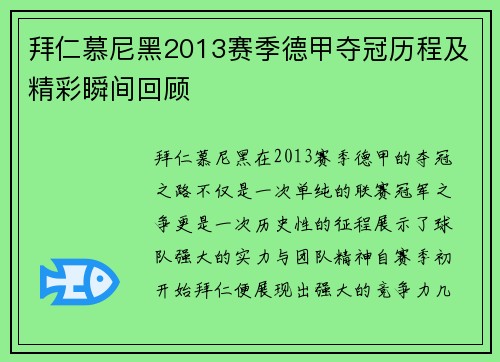 拜仁慕尼黑2013赛季德甲夺冠历程及精彩瞬间回顾